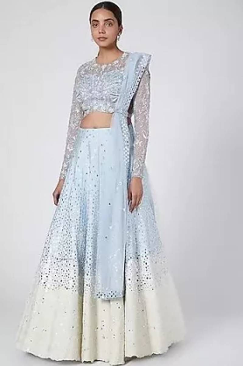 AQUA IVORY MIRROR WORK LEHENGA SET