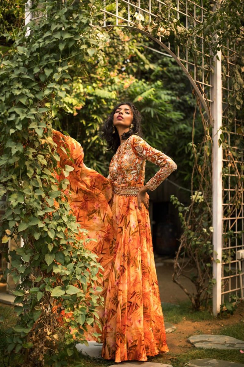 TANGERINE FLORAL PRINTED ANARKALI