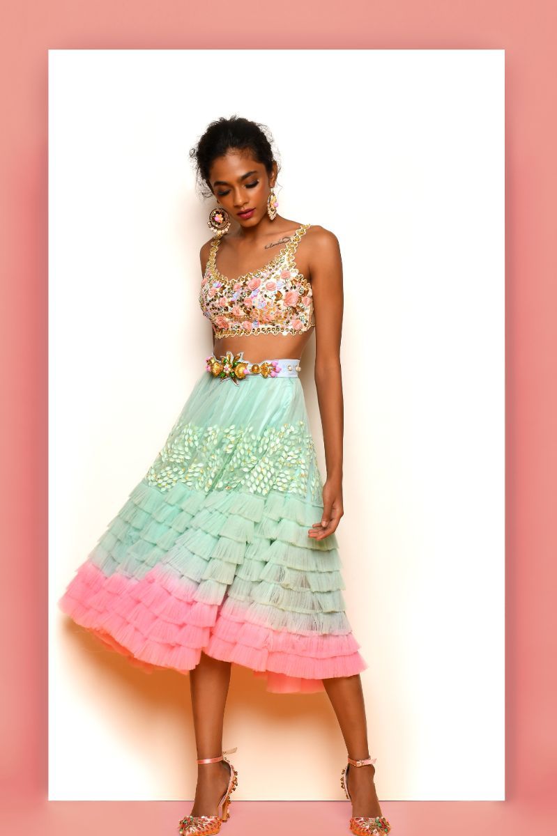 MINT GREEN AND PINK SHORT LEHENGA SET