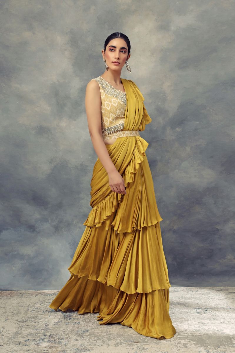YELLOW COLOURED RUFFLED SAREE