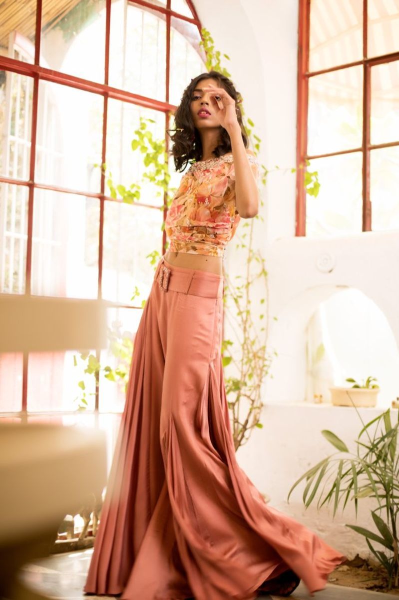 PINK & ORANGE PRINTED TOP & PANT SET WITH BUCKLE BELT