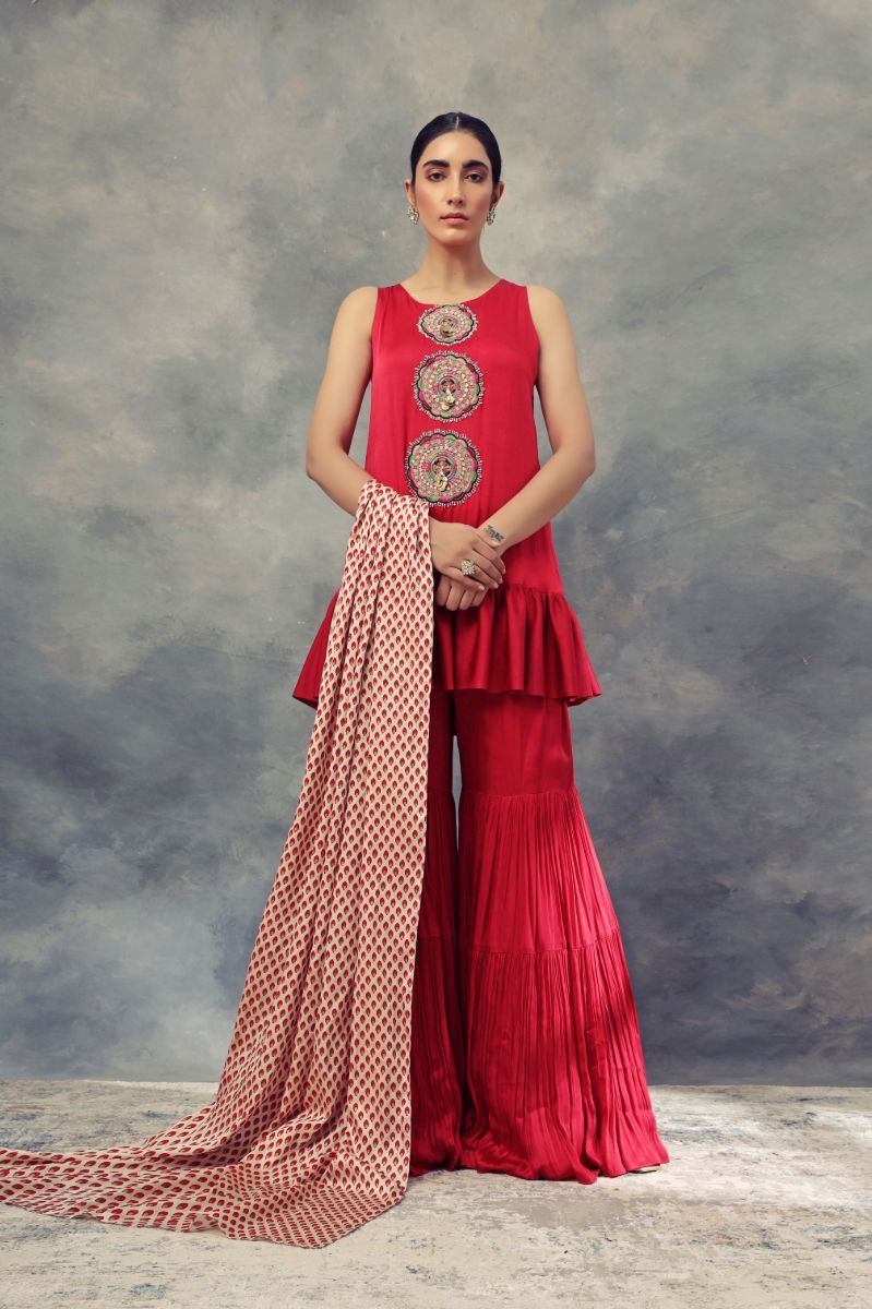 RUBY RED FRILLED KURTA AND SHARARA SET 