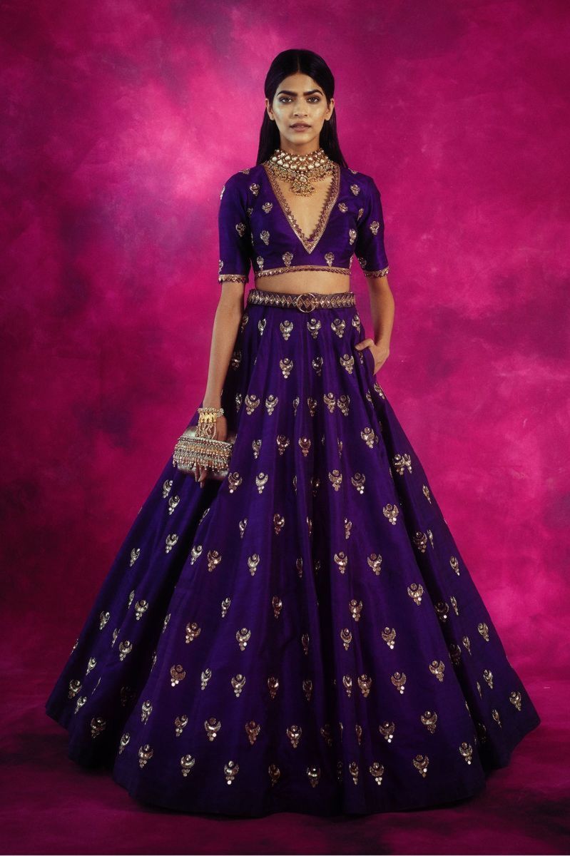 PURPLE EMBROIDERED CROP TOP AND SKIRT