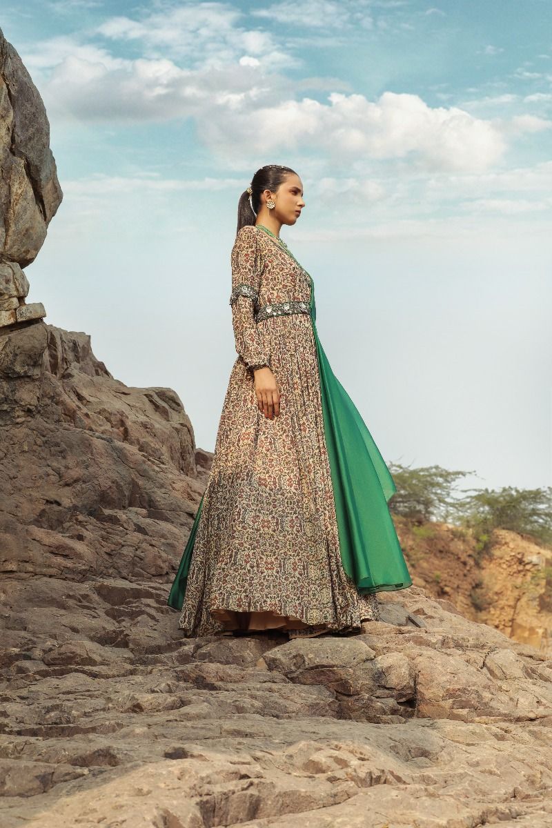 PRINTED BEIGE AND GREEN ANARKALI 