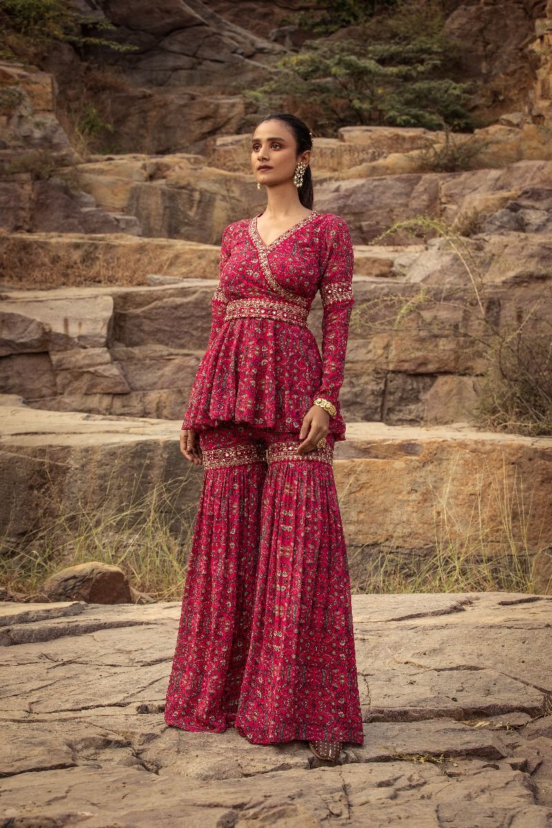 FUCHSIA PRINTED ANGRAKHA AND SHARARA SET