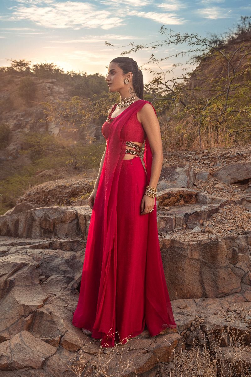 FUCHSIA PRE-DRAPED CHIFFON SET