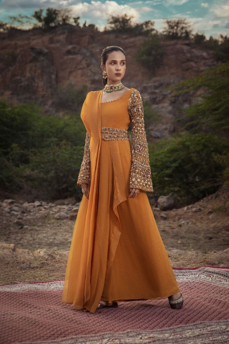 MUSTARD PRE-DRAPED SAREE SET