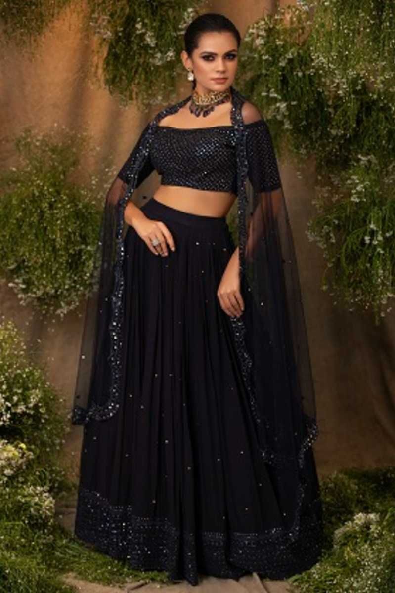 NAVY BLUE EMB. SWAROVSKI LEHENGA SET