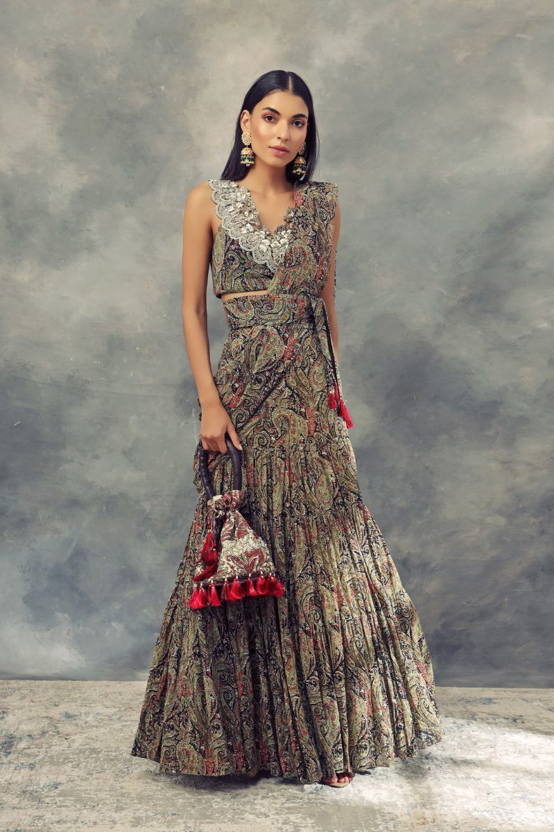  GREY PRINTED DRAPED SAREE SET