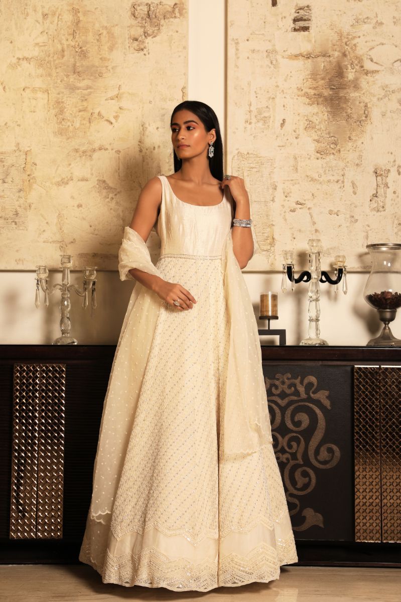IVORY EMBROIDERED ANARKALI WITH DUPATTA