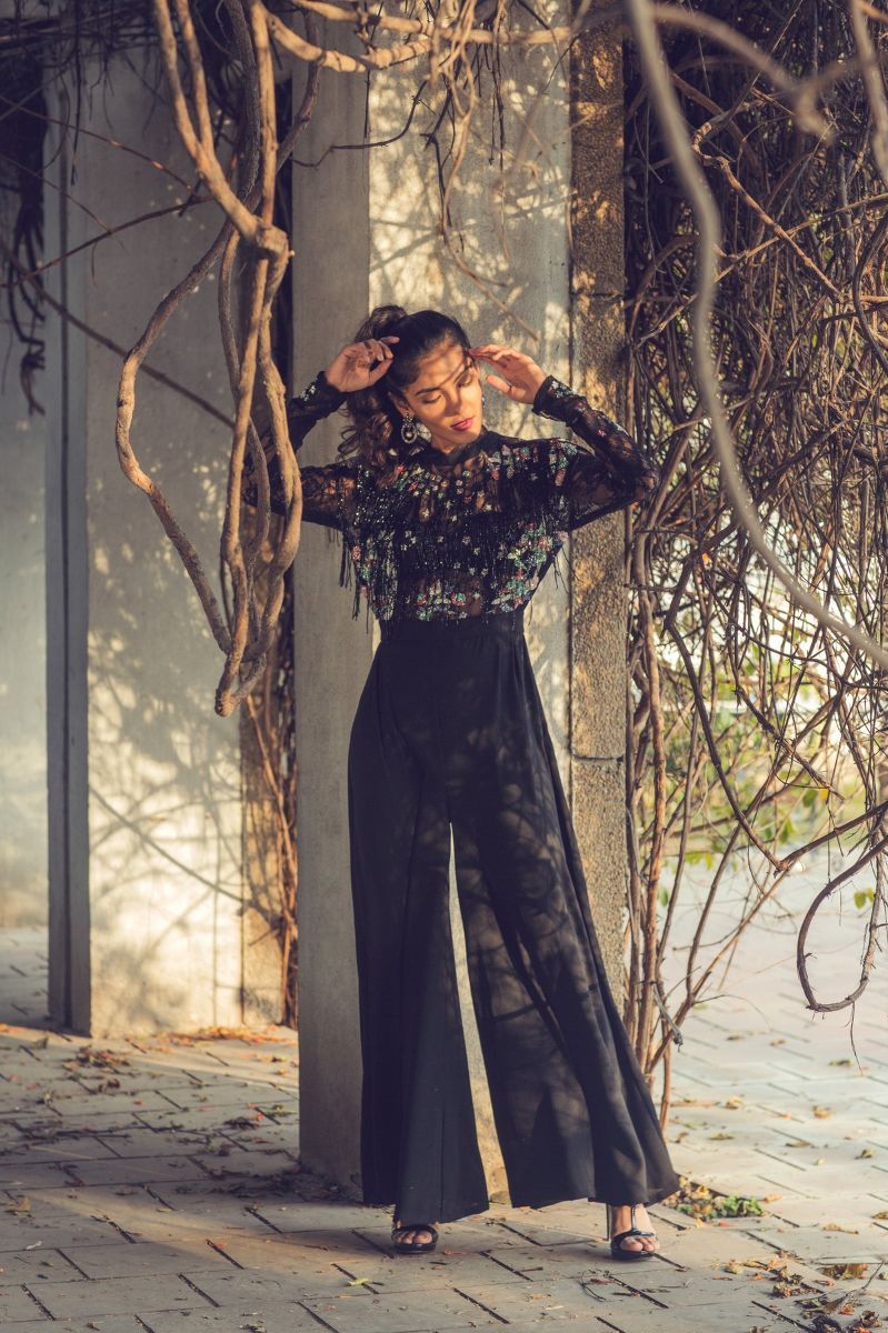 BLACK EMBROIDERED FRINGE JUMPSUIT