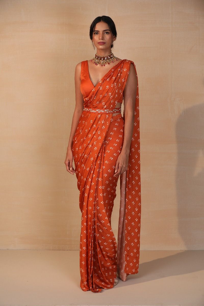 RUST PRINTED SATIN SAREE SET