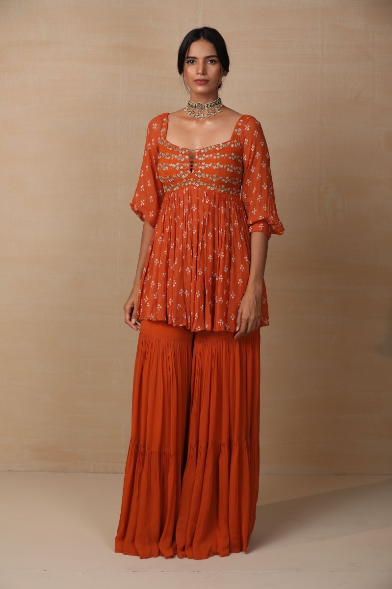 RUST EMBROIDERED SHARARA SET