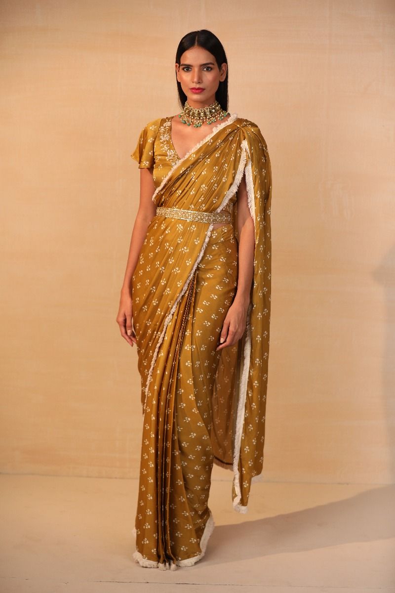 MUSTARD PRINTED DRAPED SAREE SET