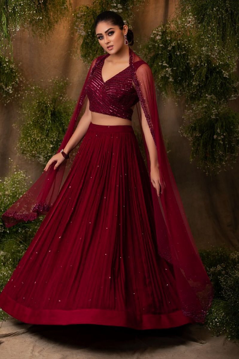 WINE EMBROIDERED LEHENGA