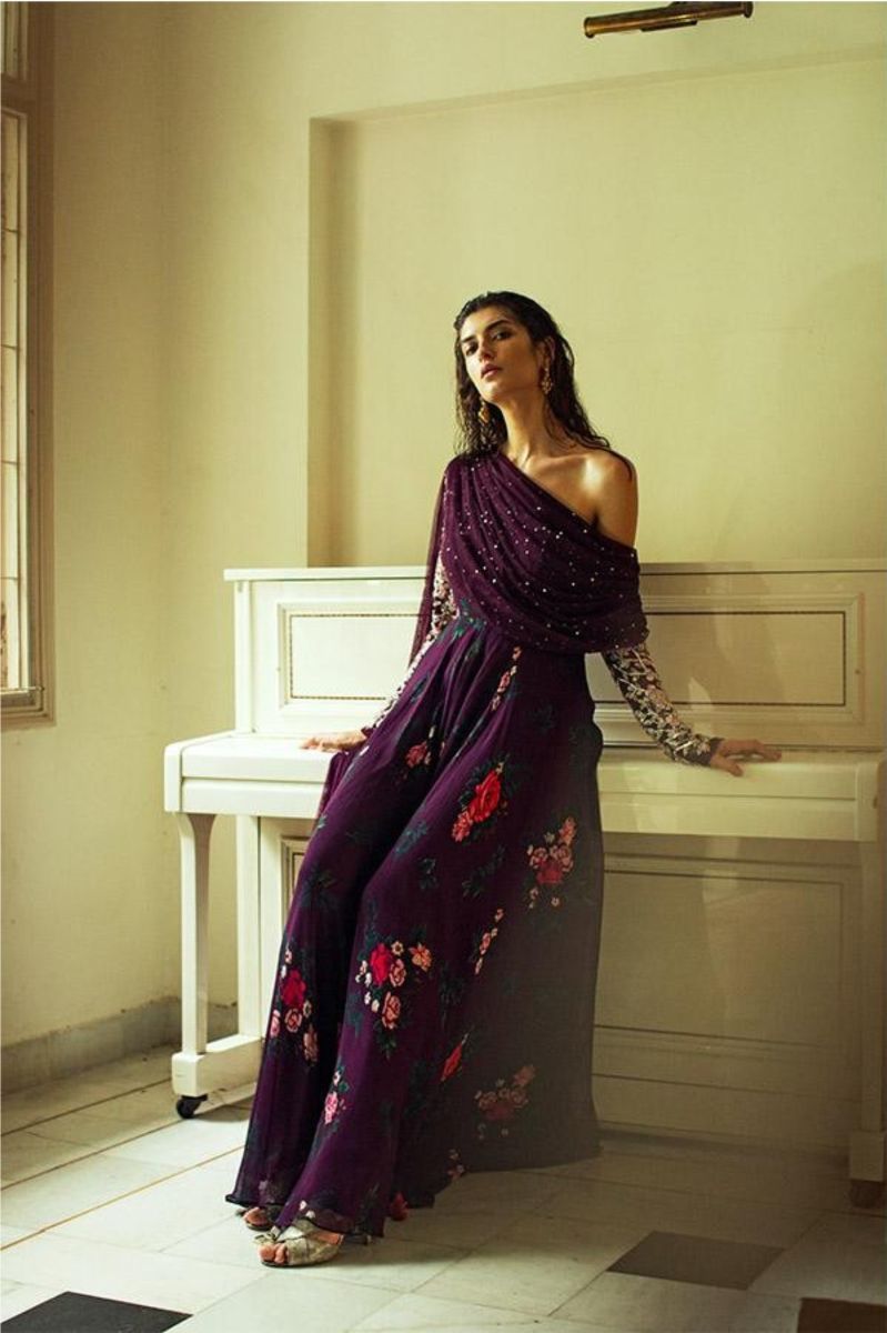 DEEP BURGUNDY ONE SHOULDER EMBROIDERED ANARKALI WITH DRAPE