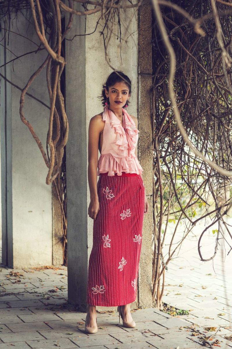PINK RUFFLE BLOUSE WITH RED VELVET SKIRT