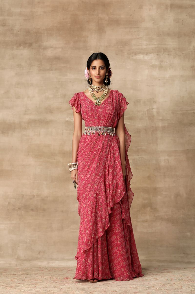 BERRY PINK PRINTED SARI GOWN