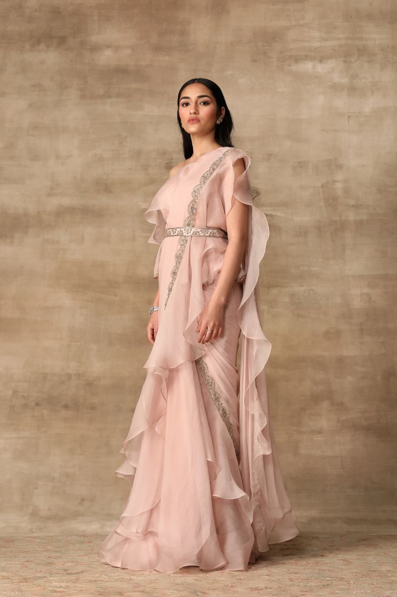 BLUSH PINK EMBROIDERED RUFFLE SARI