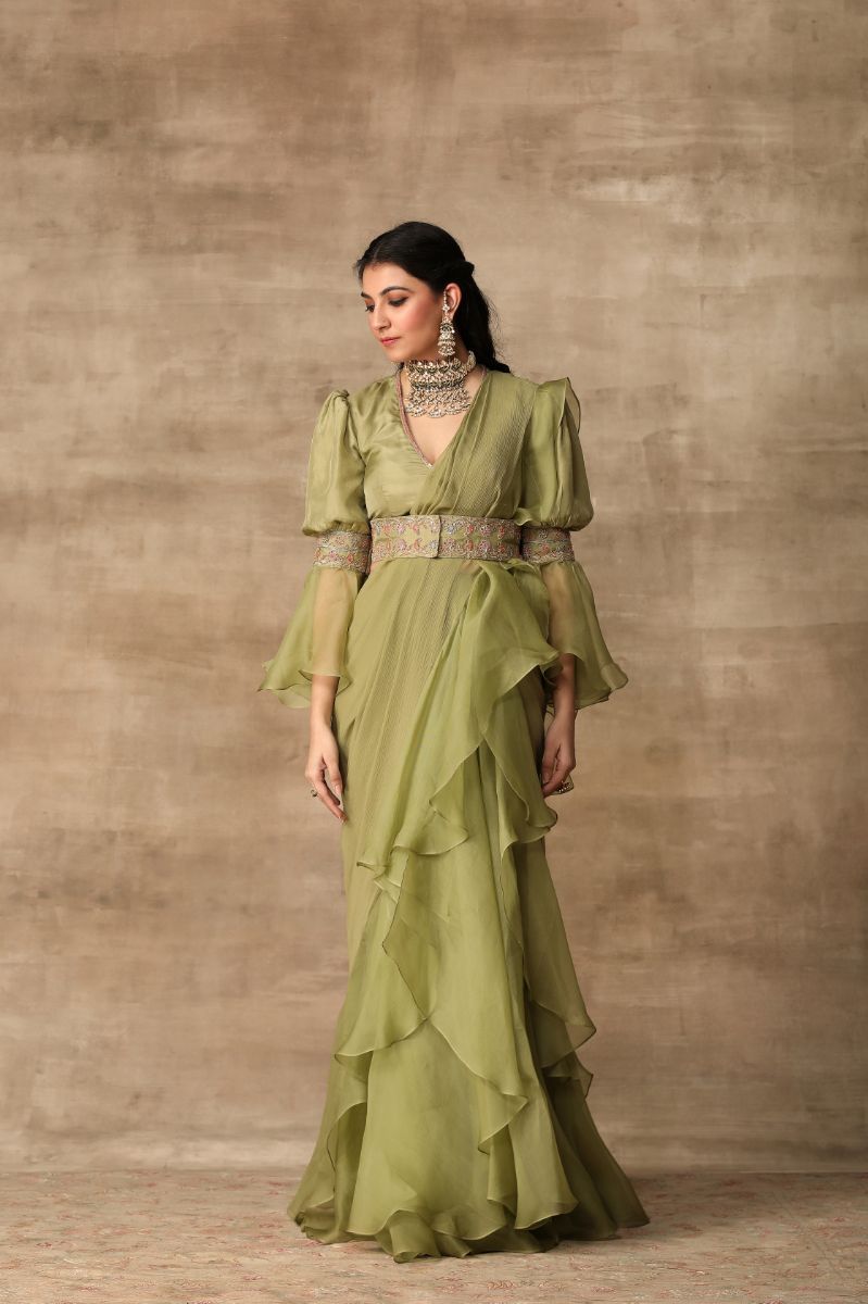 APPLE GREEN RUFFLE SARI AND BLOUSE