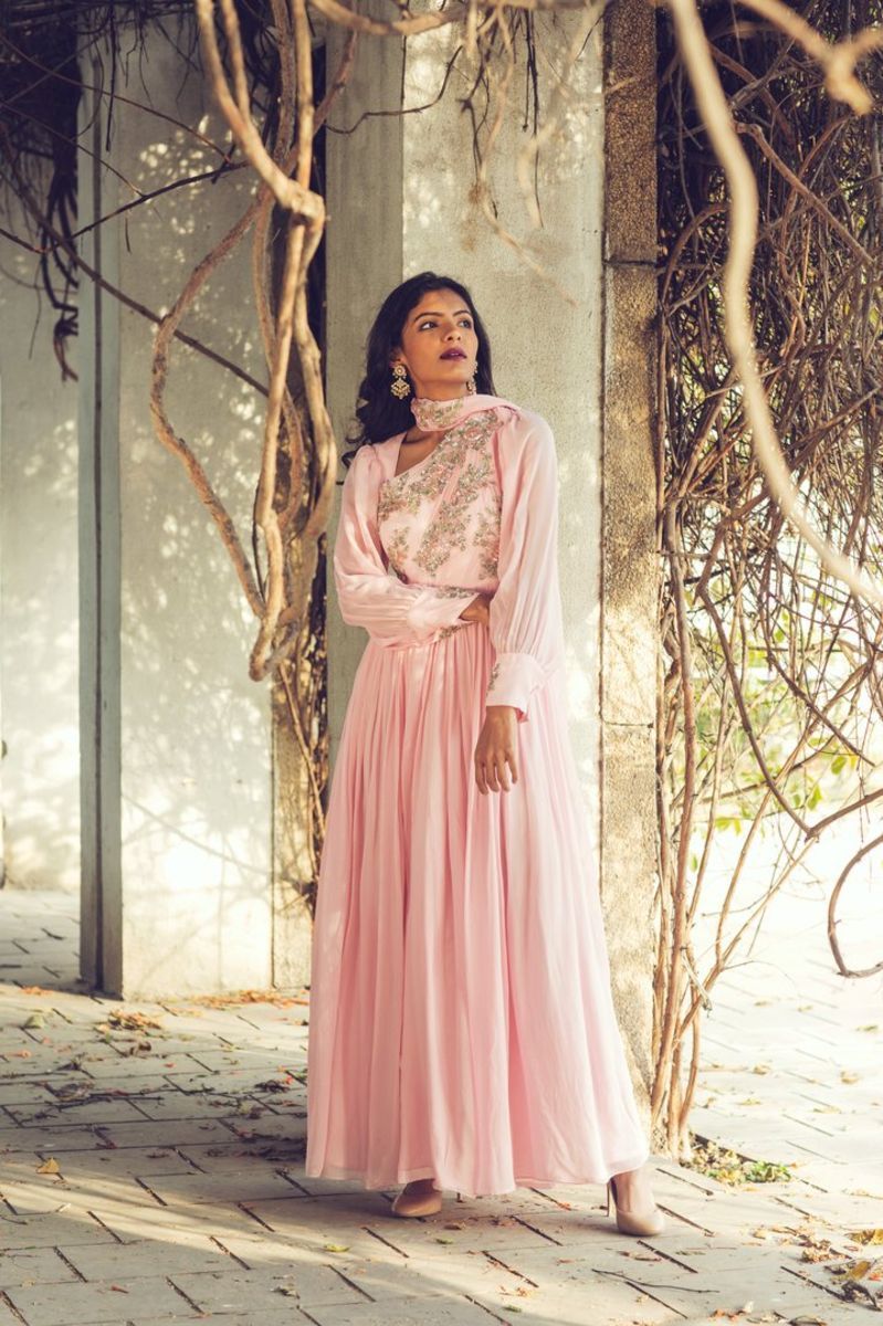 PINK ROUCHED ANARKALI WITH DRAPE