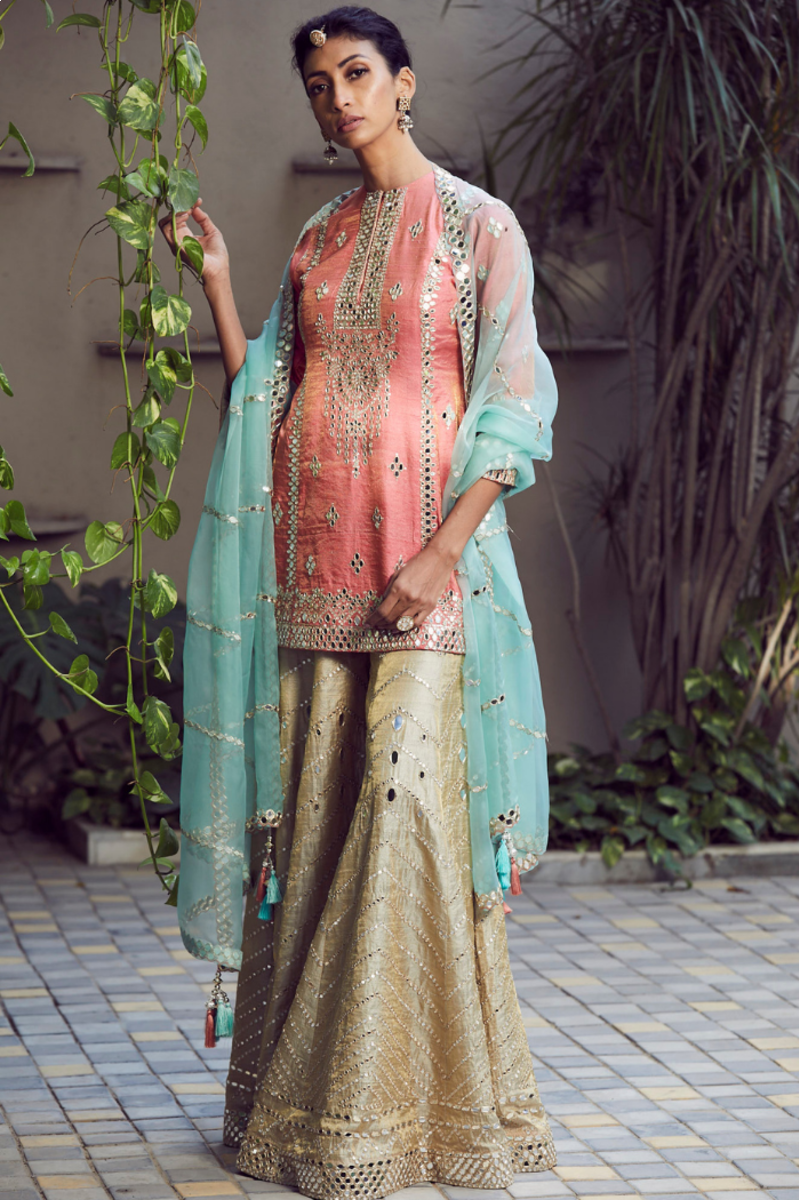 THREE COLORED MIRROR WORK SHARARA SET