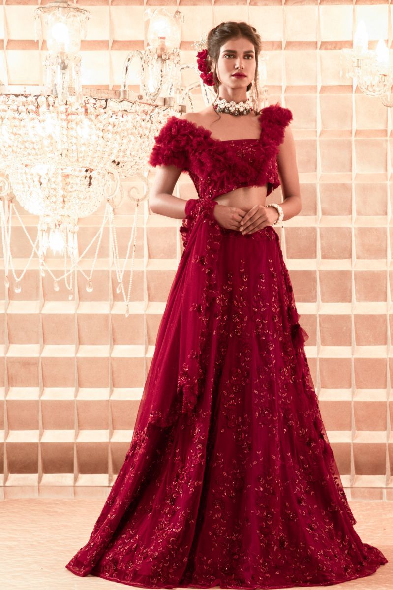 MAROON HAND EMBROIDERED LEHENGA SET