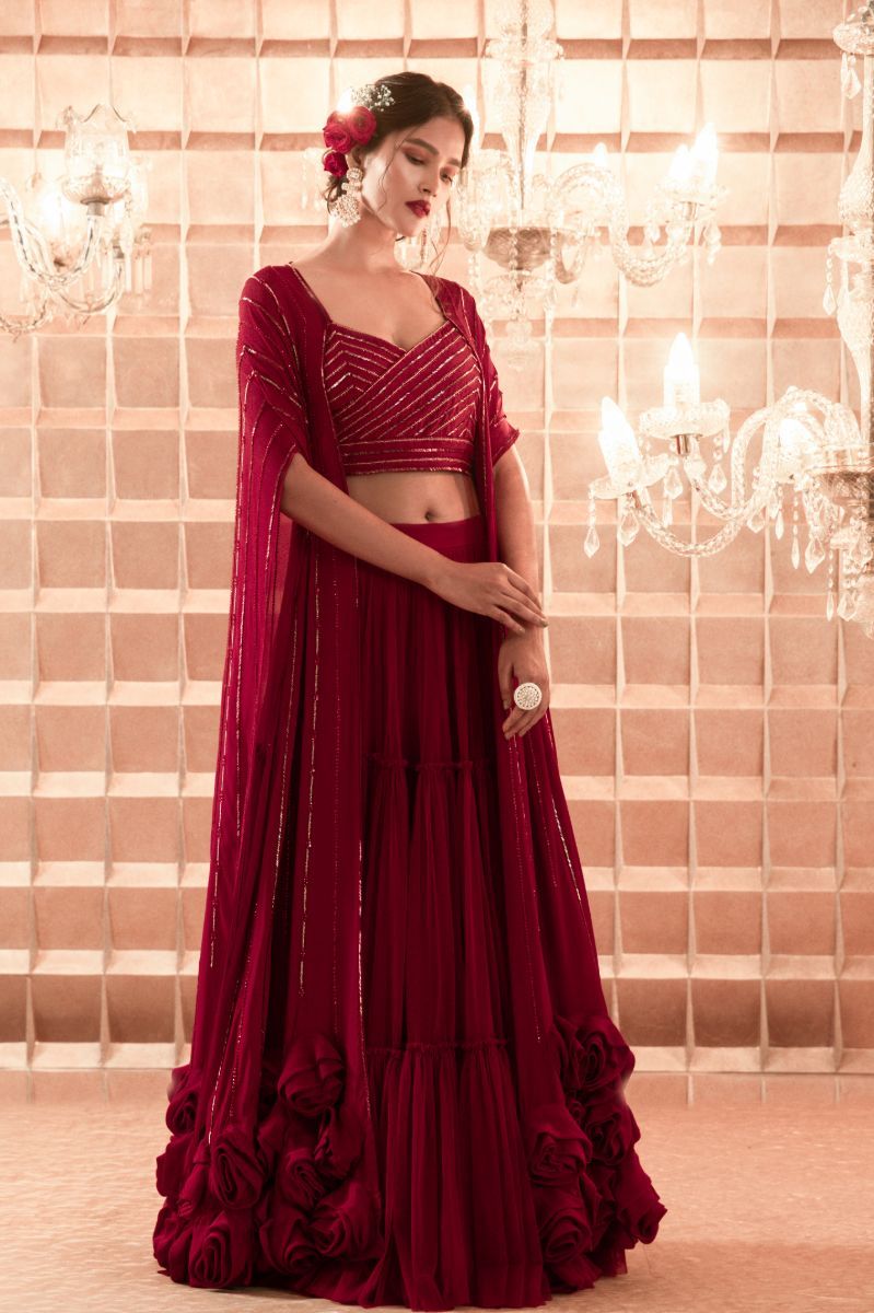 RED EMBROIDERED LEHENGA WITH CAPE