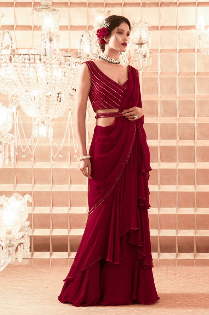 Ruffle Saree with Embroidered Blouse