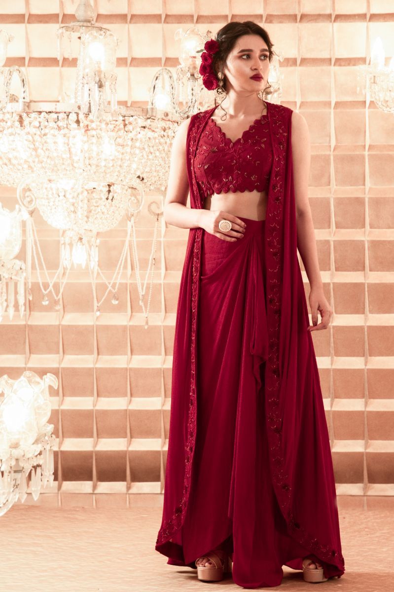 MAROON EMBROIDERED LEHENGA WITH CAPE