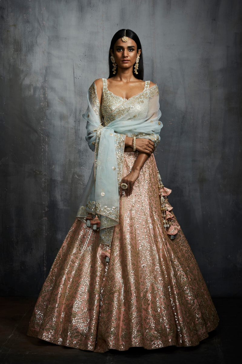 POWDER PEACH AND AQUA GOTA PATTI LEHENGA SET