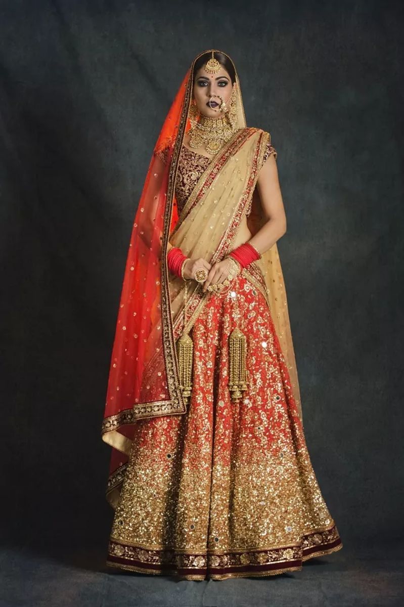 CORAL RED CRUSTING LEHENGA SET