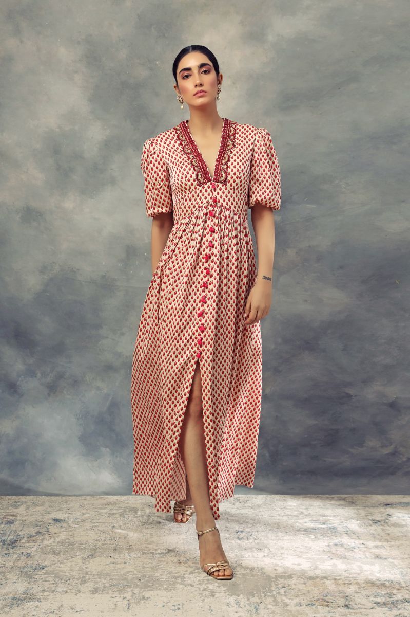 BINDU PRINT SHORT PUFF SLEEVES DRESS