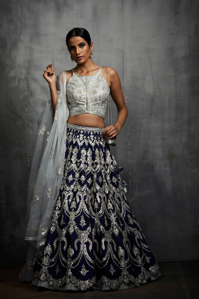 NAVY BLUE AND SILVER GOTA PATTI LEHENGA SET