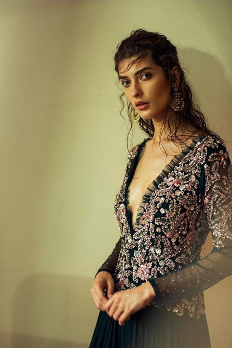 DARK GREEN RUFFLED GEORGETTE JUMPSUIT WITH RUFFLED DUPATTA