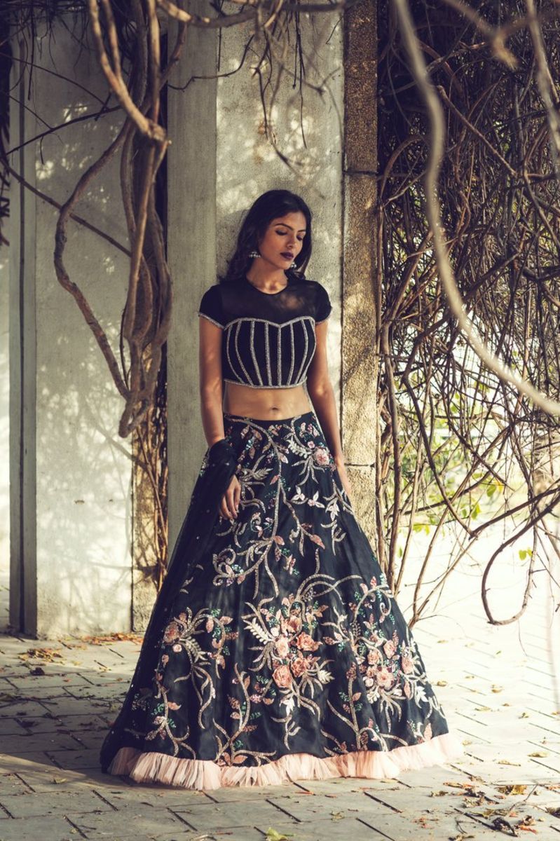 BLACK RESHAM & CUTDANA EMBROIDERED LEHENGA SET