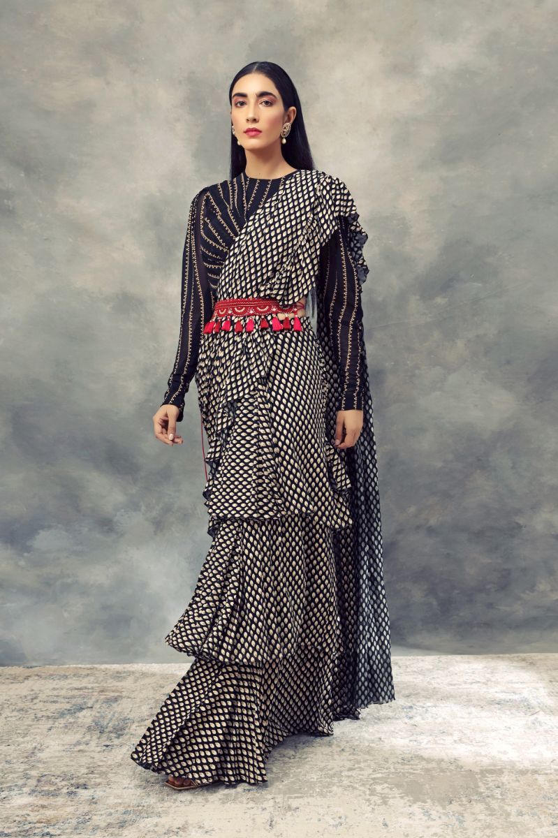 BLACK PRINTED RUFFLE SAREE SET 