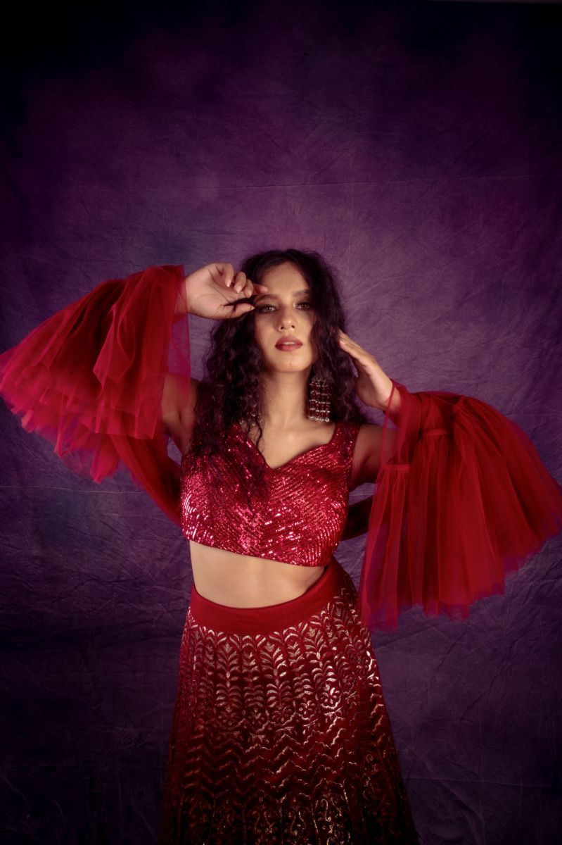 Shimmer Moondust Applique Leather Lehenga 