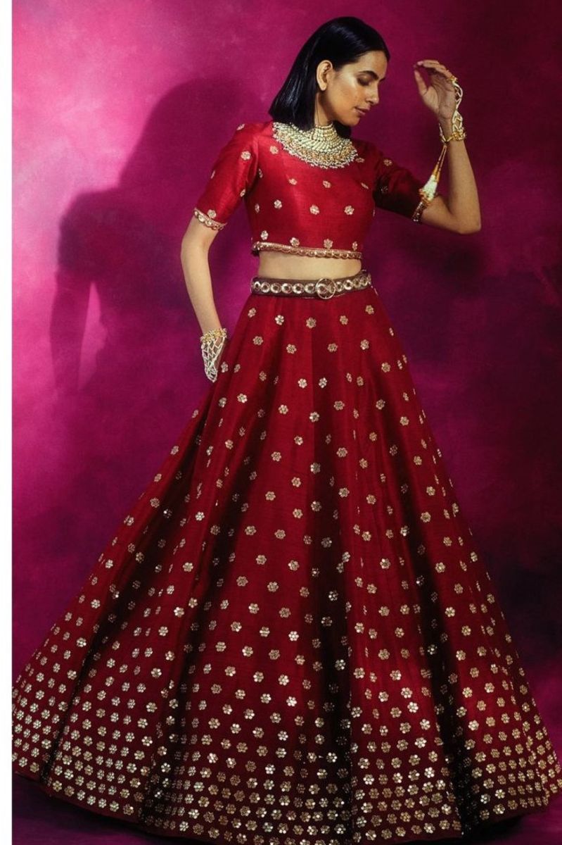 BRICK RED FLORAL EMBROIDERED SKIRT AND CROP TOP