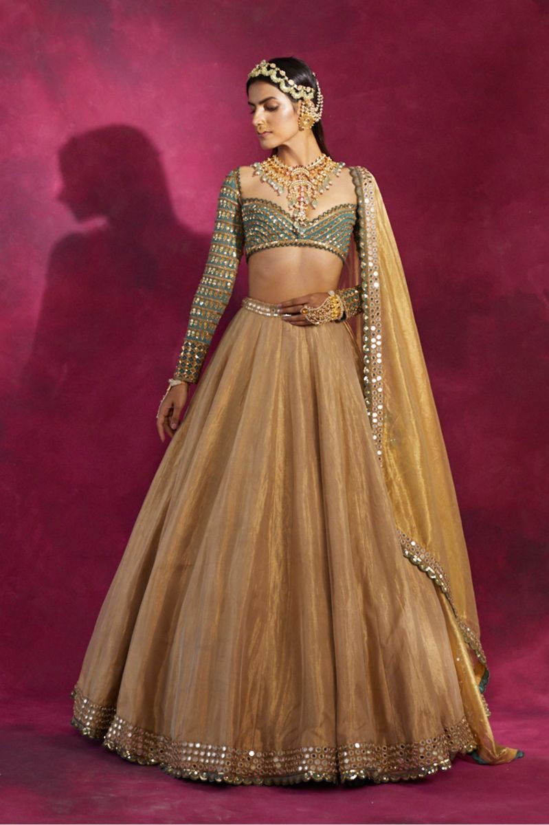 GREEN AND GOLD EMBELLISHED LEHENGA SET