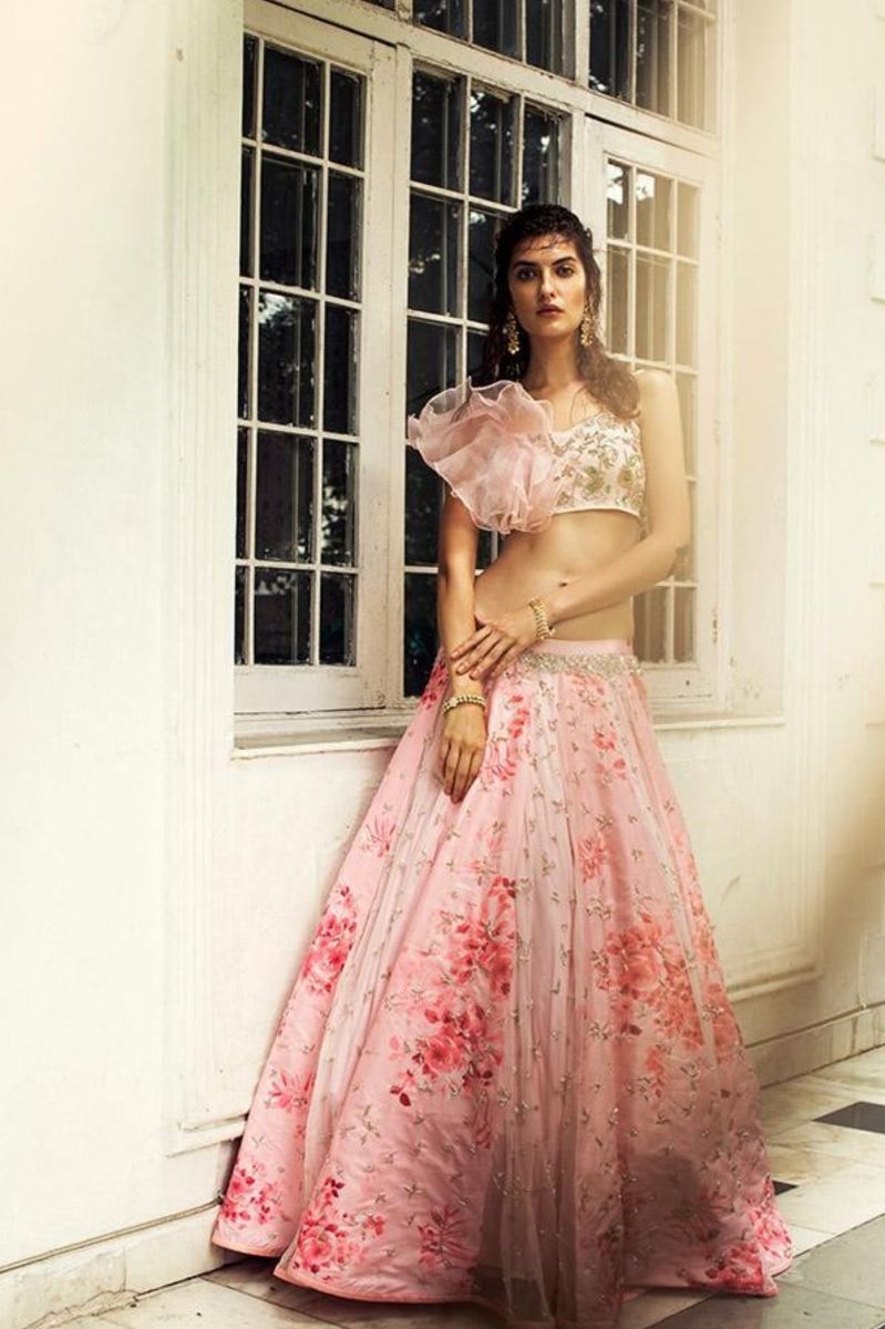 ROSE PINK RUFFLE BLOUSE WITH PRINTED LEHENGA SKIRT SET