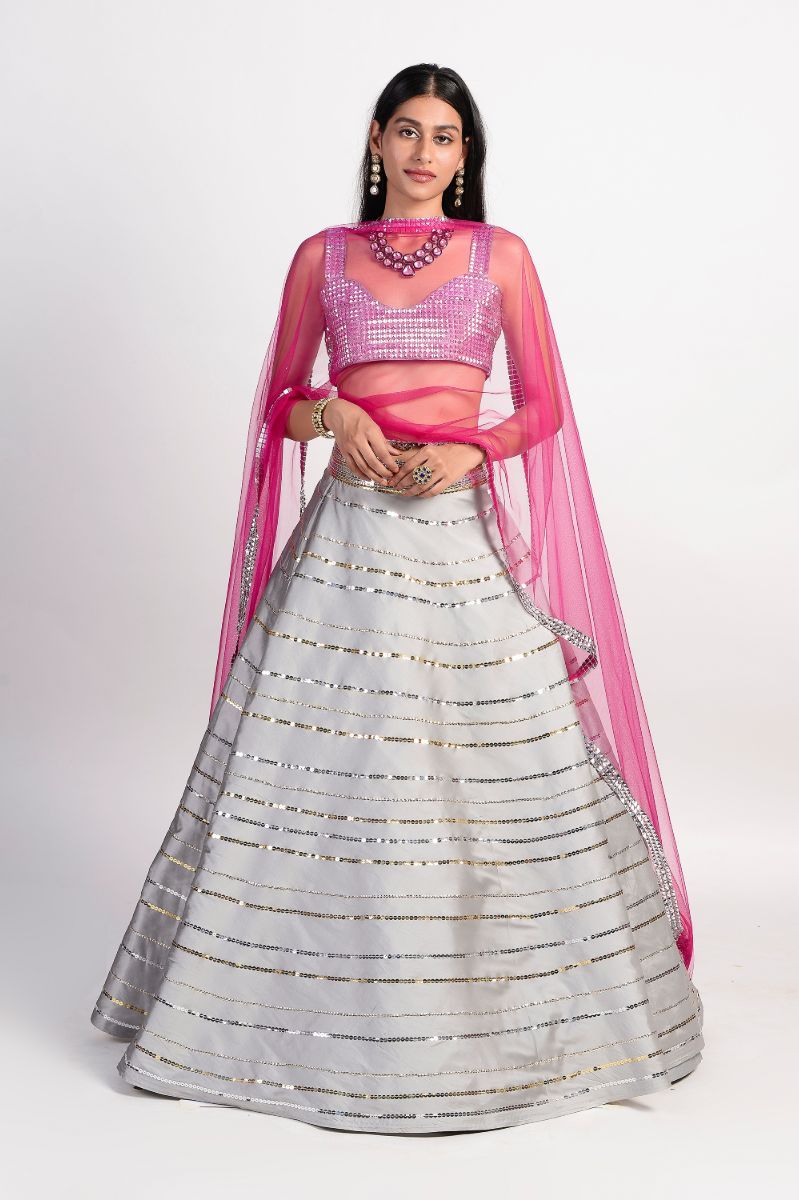 GREY TAFFETA SILK EMBROIDERED LEHENGA SET