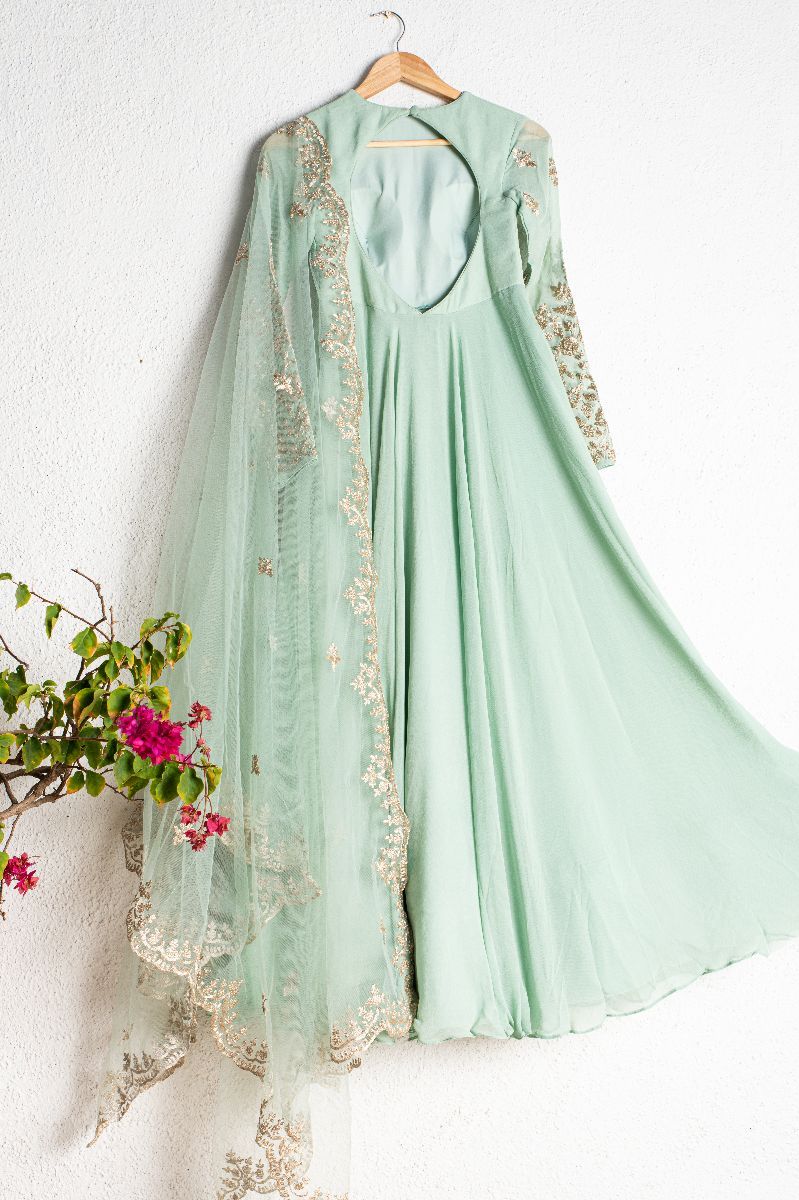 HIMALAYAN MINT GREEN ANARKALI WITH SCALLOP EMBROIDERED DUPATTA