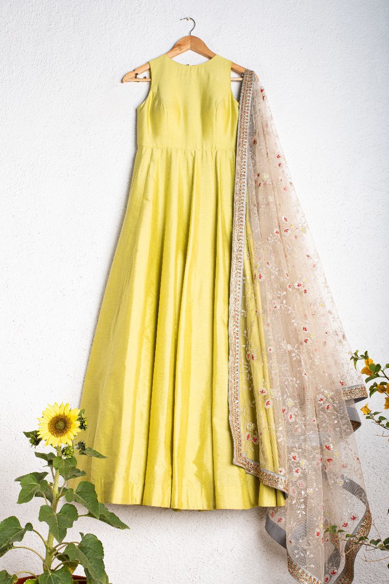 LIME YELLOW ANARKALI WITH IVORY RAINBOW SEQUENCE DUPATTA WITH PEACH BORDER
