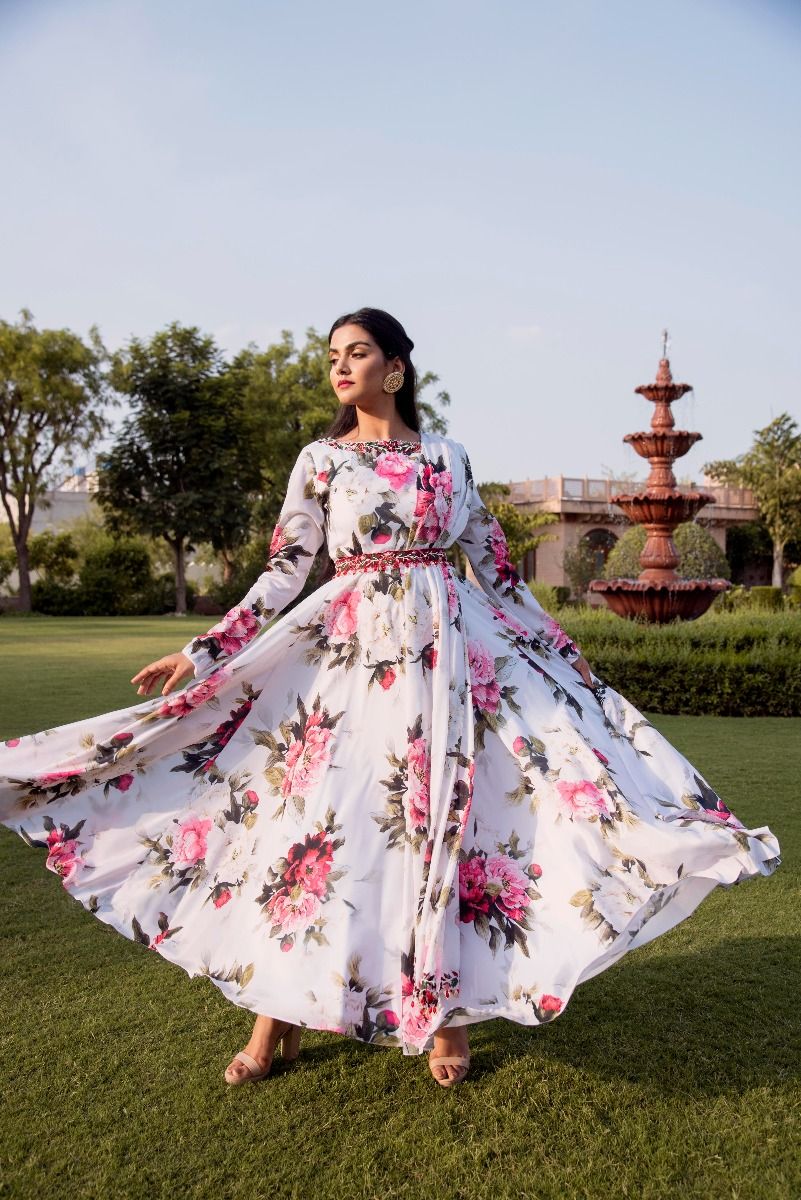 WHITE PRINTED ANARKALI SET