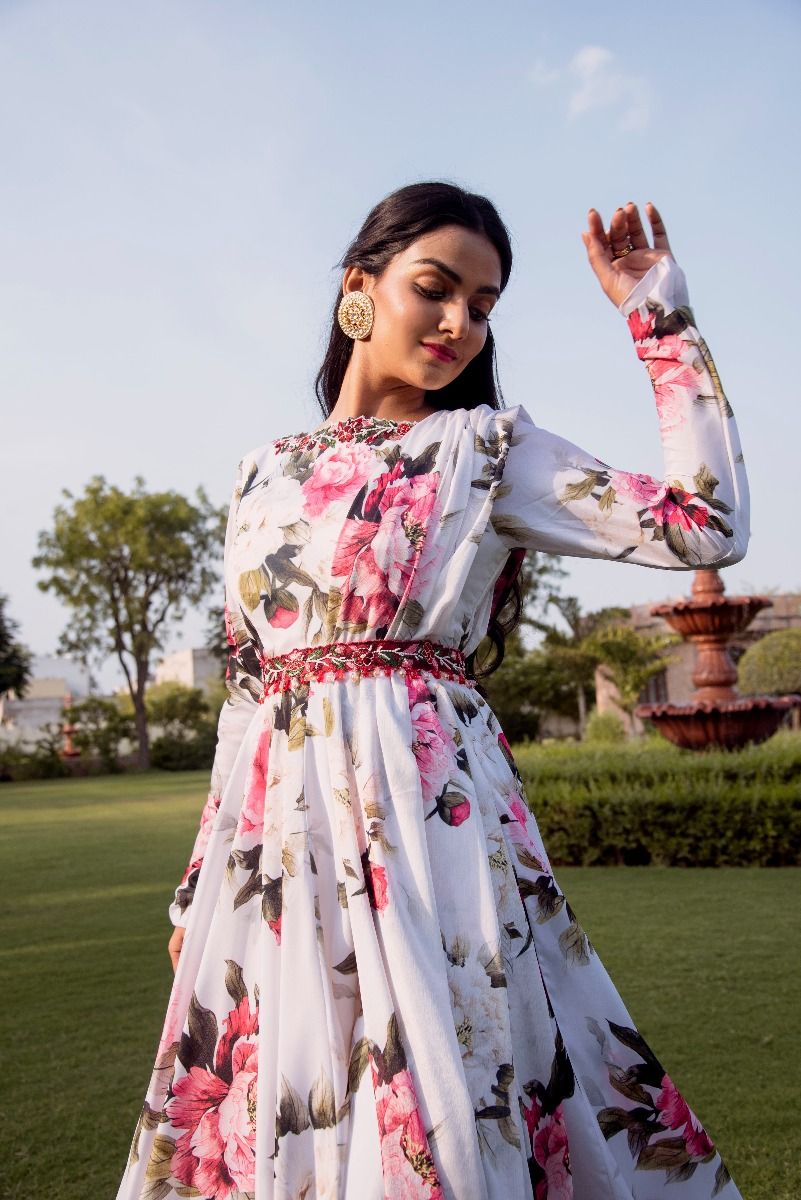 WHITE PRINTED ANARKALI SET