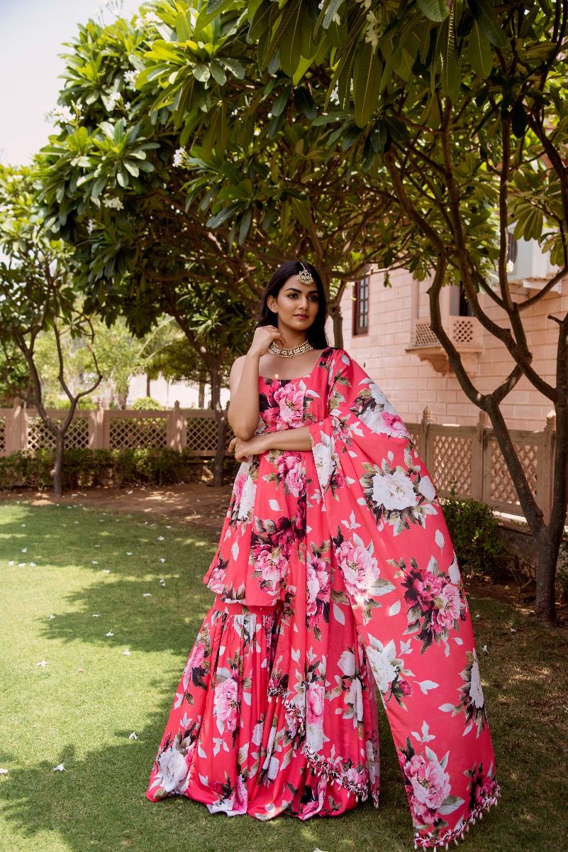 BRIGHT PINK PEPLUM TOP SHARARA SET