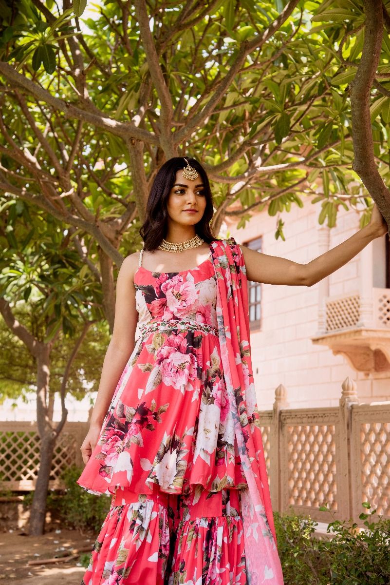 BRIGHT PINK PEPLUM TOP SHARARA SET