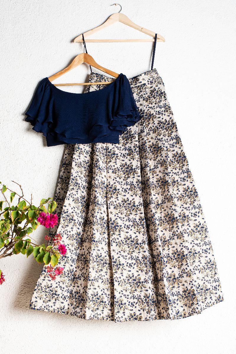 OXFORD BLUE EMBOSSED JACQUARD LEHENGA