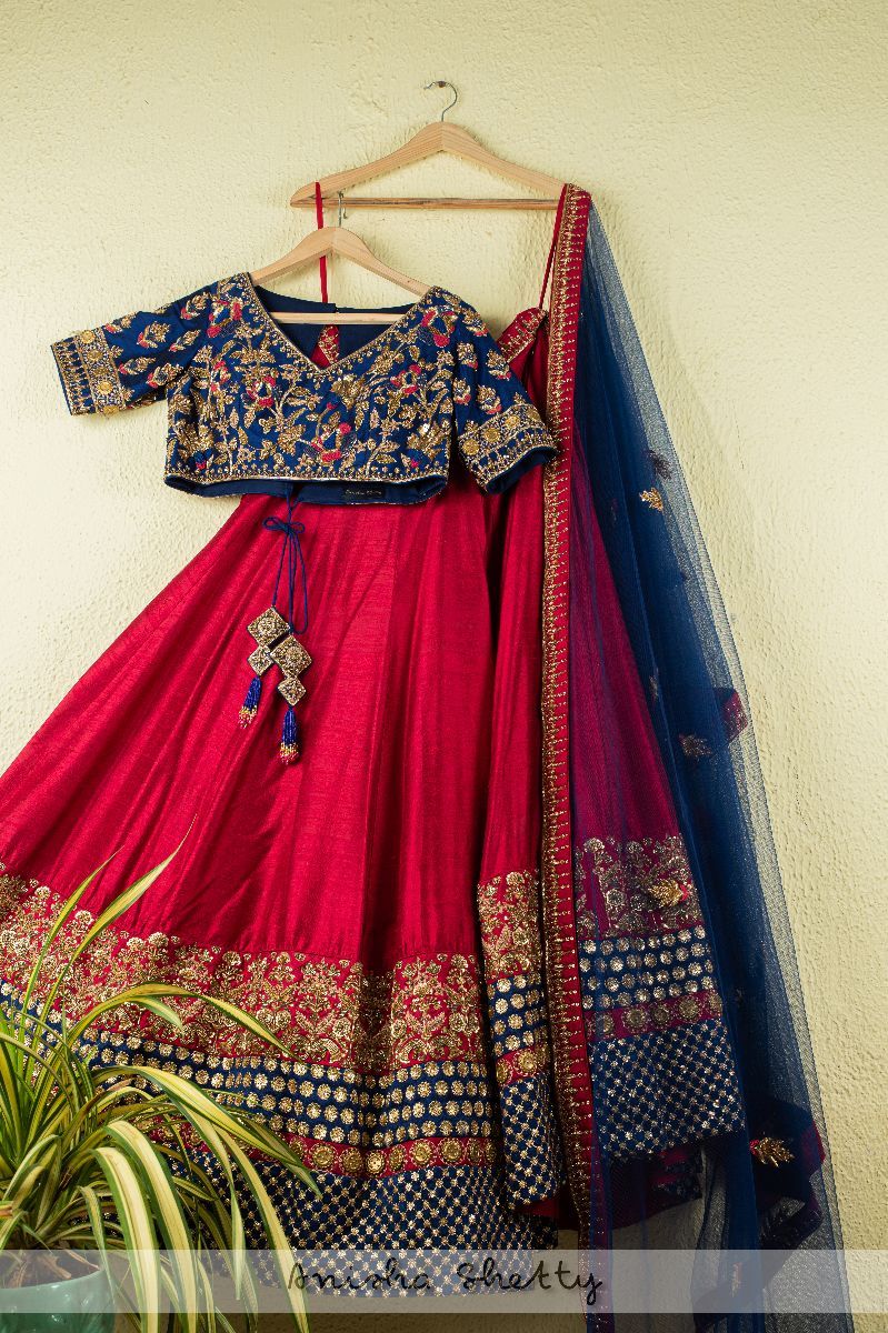 BRIDAL RED ZARDOSI EMBROIDERED LEHENGA WITH ROYAL BLUE ZARDOSI BLOUSE & DUPATTA